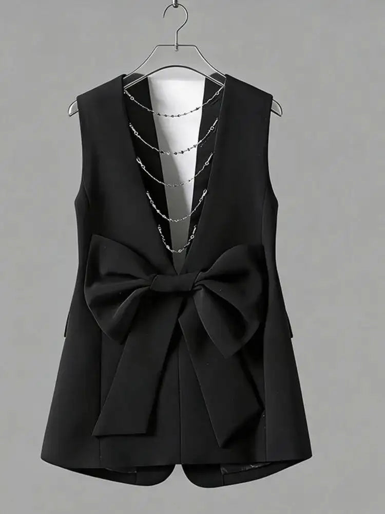 Elegant Slim-Fit Black Sleeveless Blazer Vest Women Backless Bow Tie Chain Decor Formal Office Waistcoat 2026 New