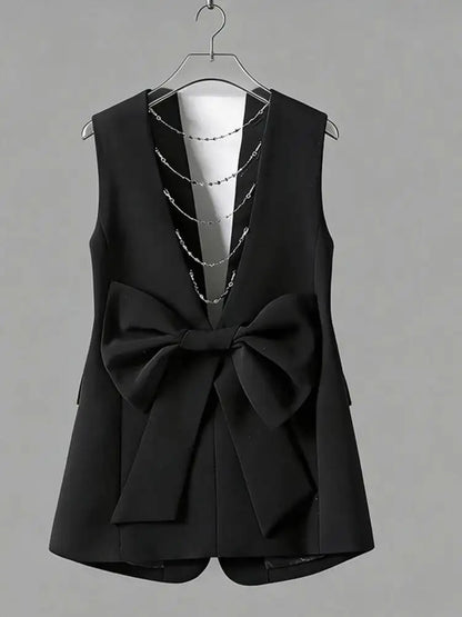 Elegant Slim-Fit Black Sleeveless Blazer Vest Women Backless Bow Tie Chain Decor Formal Office Waistcoat 2026 New