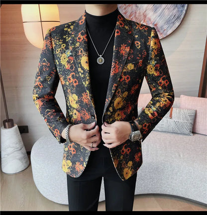 Luxury Art Jacquard Suit Jacket for Men Korean Version Business Casual Blazers Slim Fit Wedding Groom Social Dress Coats M-4XL