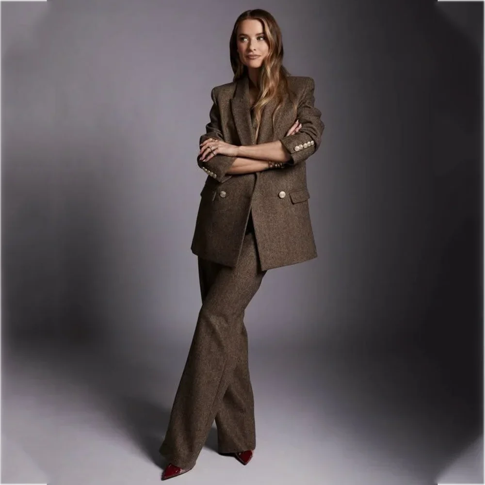 High End Women's Three Pieces Suit Set Double Breasted Blazer Vest Pants Straight Peak Lapel Vintage Office Lady Formal Outfit