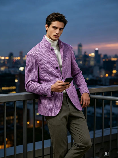 Men's Herringbone Tweed Stand Collar Blazer  Notch Lapel Slim Fit Wool Blend Sport Coat Business Casual Wedding Prom Man Jackets