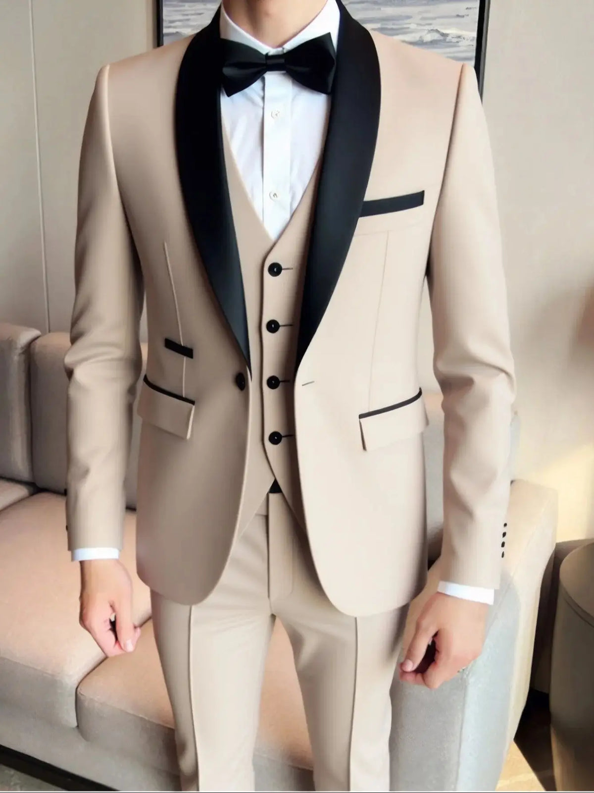 Beige Suit Men Business Tuxedos Formal 3 Piece Set Jacket Vest Pants Single Breasted Groom Groomsman Prom Wedding Party 2025 New