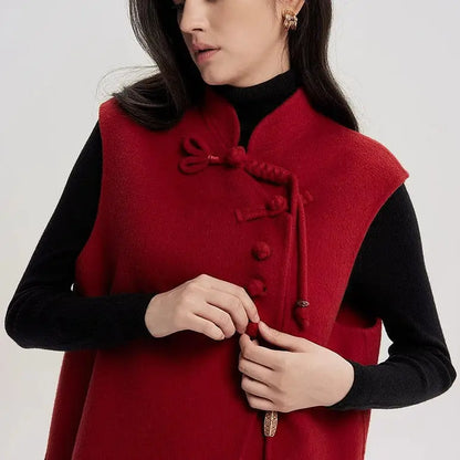 2025 Spring Chinese Style Red Vest Disc Buckle Sleeveless Vest Short Jacket Elegant Chic Women's Tweed Waistcoat