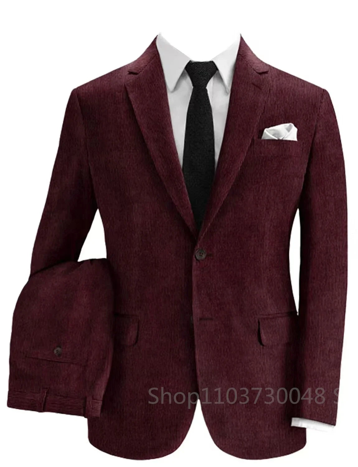 Costume Homme en Velours Côtelé Kaki Coupe Ajustée Revers Cranté Deux Boutons Blazer Pantalon Mariage Marié Smoking Ensemble 2 Pièces Affaires (Veste+Pantalon)