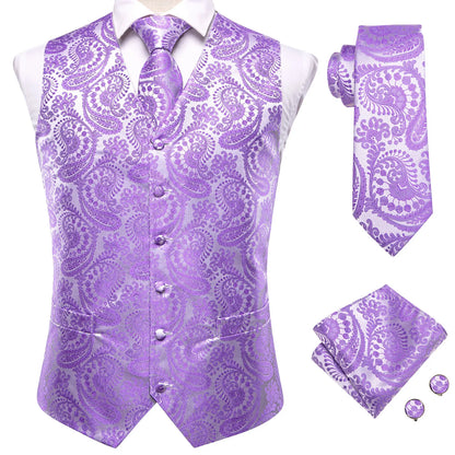 Men's Jacquard Floral Waistcoat Set with Tie, Pocket Square & Cufflinks – Purple Paisley, Wedding & Business