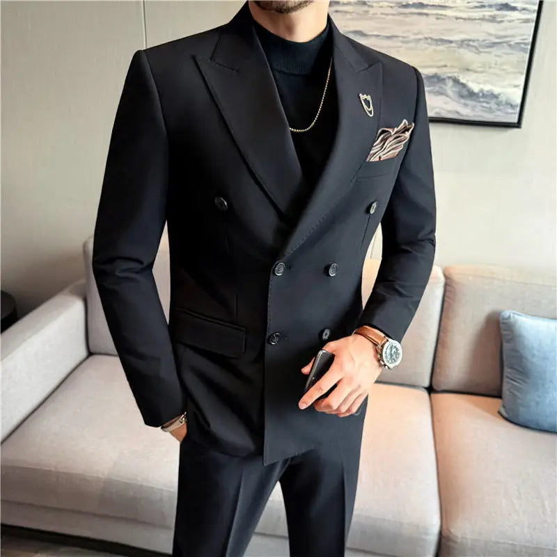 High-quality, anti-wrinkle and no-ironing, high-end, fashionable and stylish double-breasted suit two-piece set with beaded edge