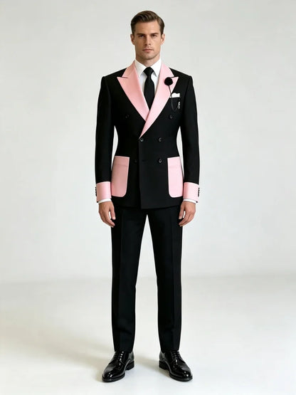 Men's Business Casual Blazer Slim Fit Double Breasted Black Pink Color Block Peak Lapel Formal Tuxedo Jacket Groom Wedding Party