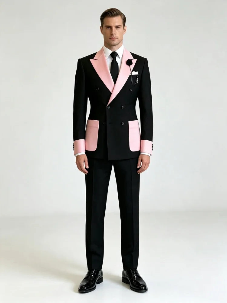 Men's Business Casual Blazer Slim Fit Double Breasted Black Pink Color Block Peak Lapel Formal Tuxedo Jacket Groom Wedding Party