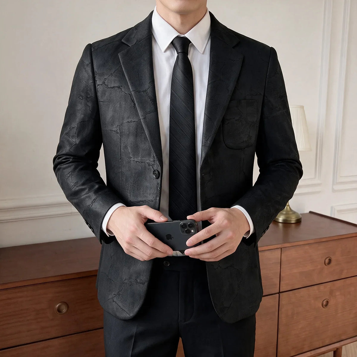 Men's Embossed Suede Blazer Smart Casual Single Breasted Jacket for Everyday Wear