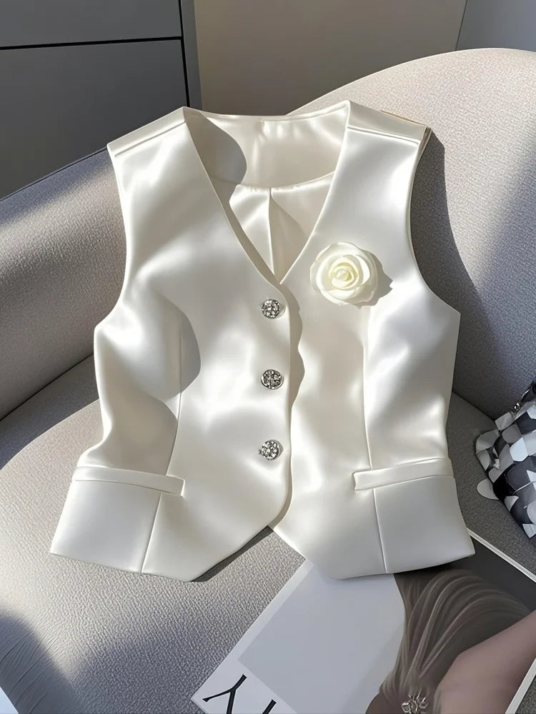 New Satin White Jacket Vest V-neck Single Breasted Slim Fit Short Coats Elegant Women Office Lady Temperament Tops Spring Summer