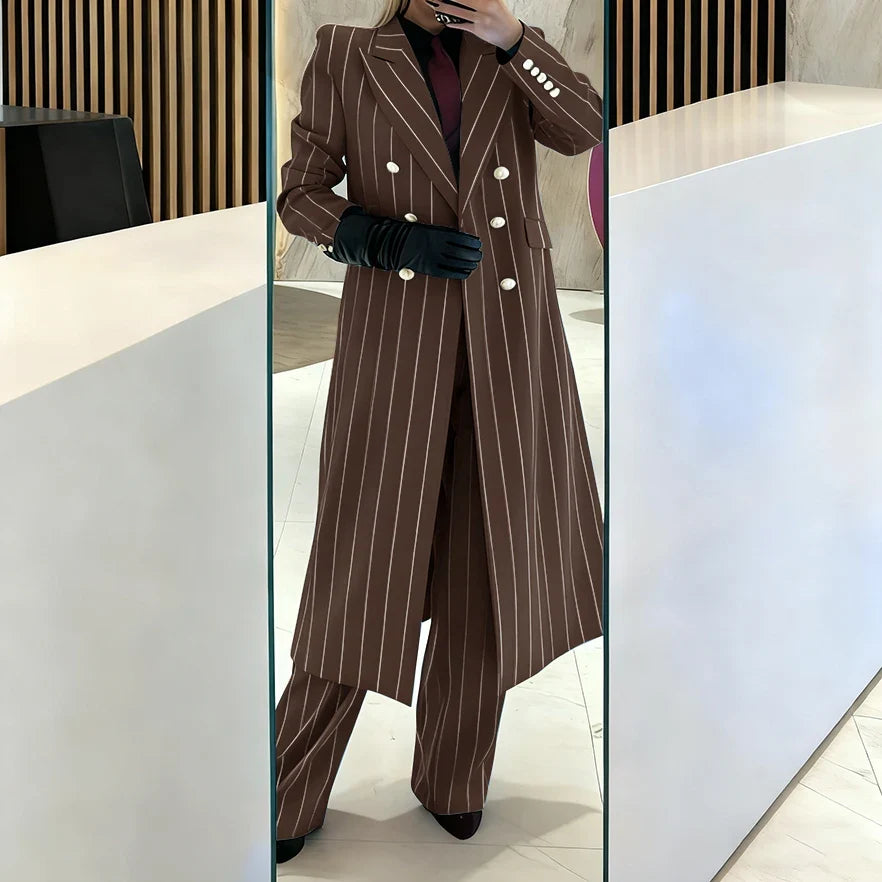 Burgundy Women's Suits Pinstripe Double Breasted Peaked Lapel Long Coat+Pants Set Elegant Formal Office Evening Party Outfit