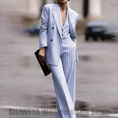 Navy Women's Striped 3 Piece Suit Double Breasted Blazer Vest Wide-Leg Pants Set Fashion Formal Party Office Casual Outfit