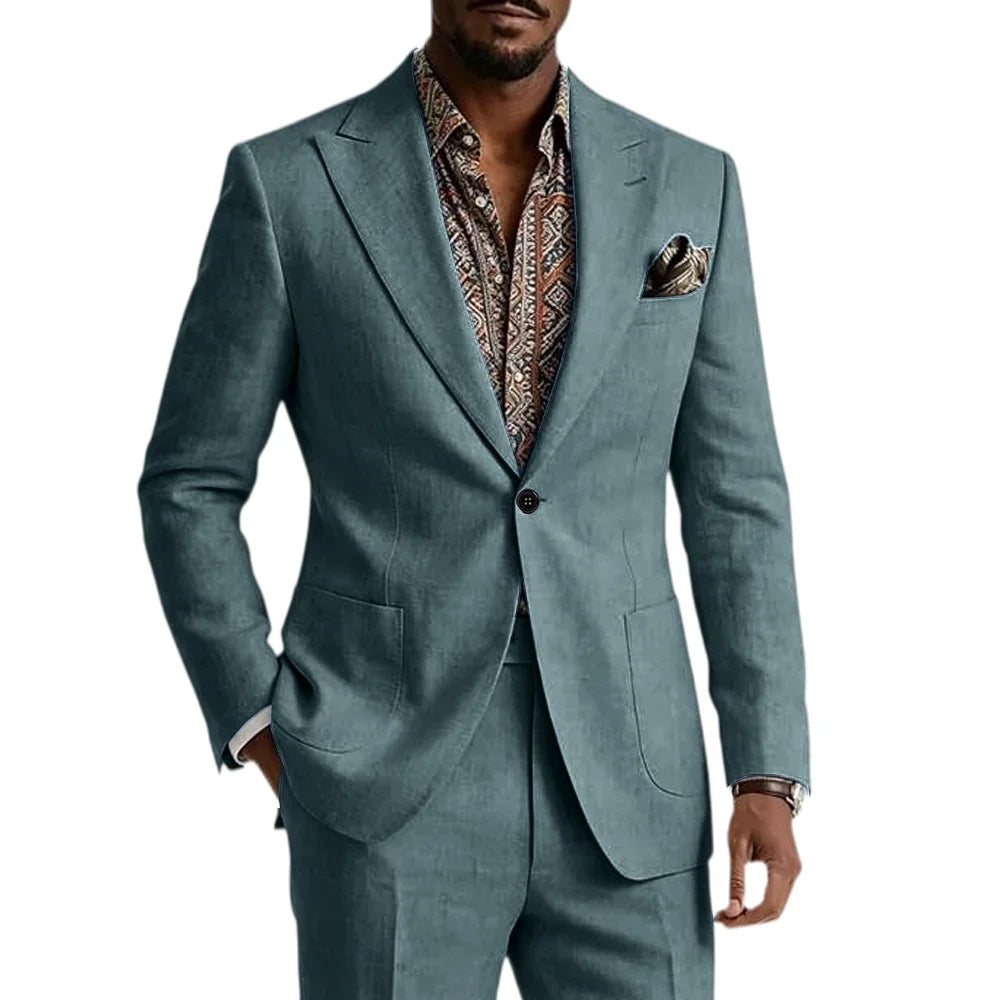 Men's Linen Blend Suit 2 Pieces Set Solid Color Peak Lapel Slim Fit One Button Jacket Pants Formal Outfit Wedding Business Casua