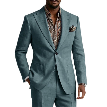 Men's Linen Blend Suit 2 Pieces Set Solid Color Peak Lapel Slim Fit One Button Jacket Pants Formal Outfit Wedding Business Casua