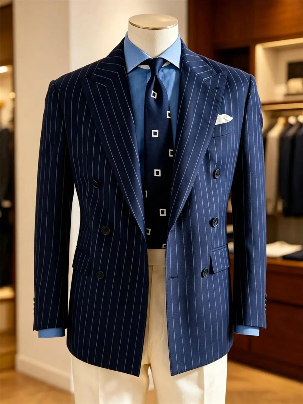 Navy Blue Striped Pattern Business Suit Jacket Double Breasted Slim Fit Blazer Casual Formal Attire Office Groom's Wedding Dress