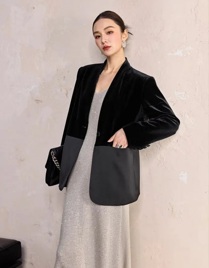 One Button Velvet Spliced Women Blazers Contrast Color Suit Jacket V-Neck Work Lady Loose Fit Outerwear Long Sleeve Autumn Coat