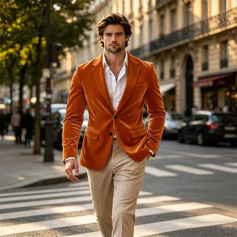 Men's Velvet Blazer Single Breasted Slim Coat Tailored Business Casual Groom's Jacket Fit Work Date Party Wedding Daily Wear