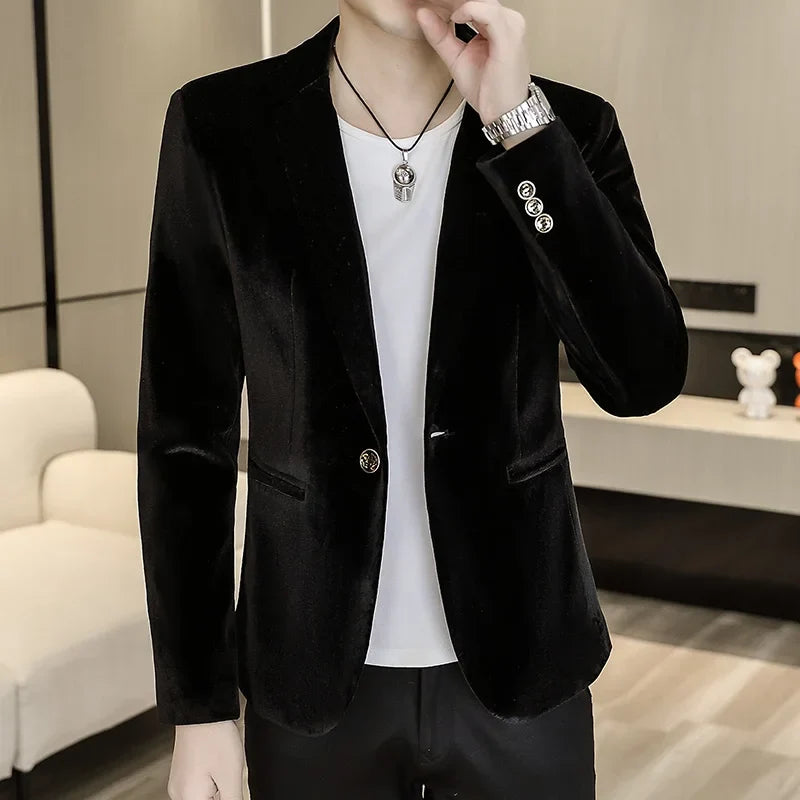Blazer: An Outdoor Fashion Business Gentleman Wedding Host Slim-fit Casual Korean-style Youthful Men's Golden Velvet Blazer