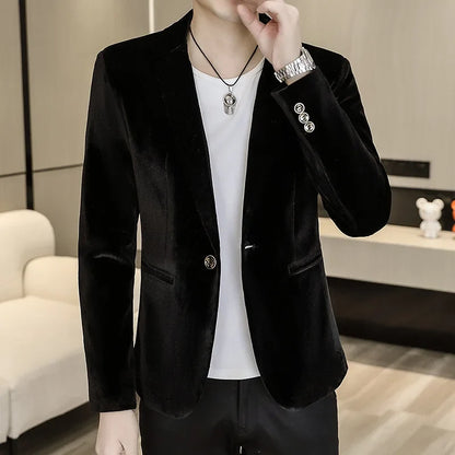 Blazer: An Outdoor Fashion Business Gentleman Wedding Host Slim-fit Casual Korean-style Youthful Men's Golden Velvet Blazer