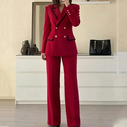 Women Red Contrast Trim 2 Piece Suit Double Breasted Blazer Straight Fit Office Business Outfit Ladies Formal Party Pant Suits