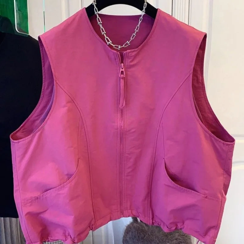 Women's Vest 2026 New Solid Color Round Neck Zipper Loose Sleeveless Jacket Vest Female Casual Tops Ladies Waistcoat Outerwear