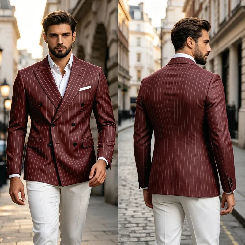 Men Striped Double Breasted Suit Jacket Notch Lapel Business Slim Fit Formal Blazer Elegant Lightweight Dress Coat For Prom Work
