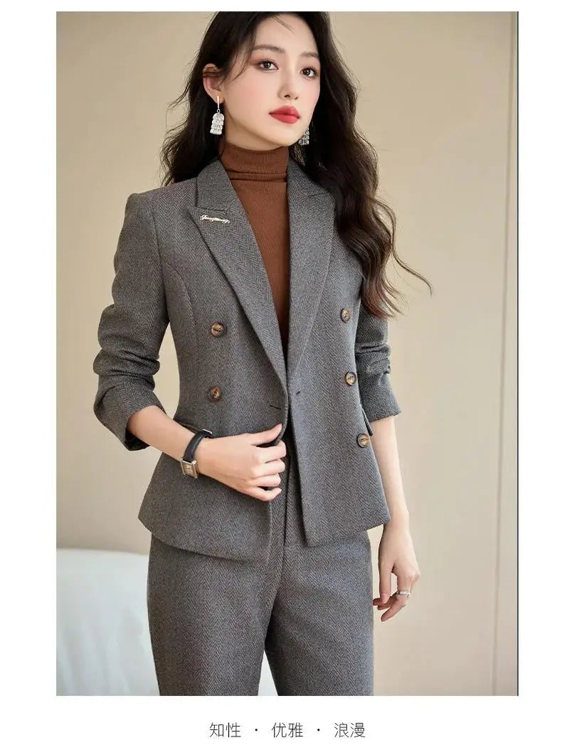 Elegant Lady Wide Leg Pant Sets for Women 2 Pieces Blazer Suit Double Breasted Jacket Trousers Outfit Female Autumn Winter