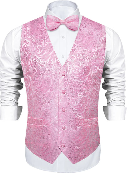 Men's Vest and Bow Tie Set – Pink Paisley Jacquard Waistcoat for Weddings and Formal Events