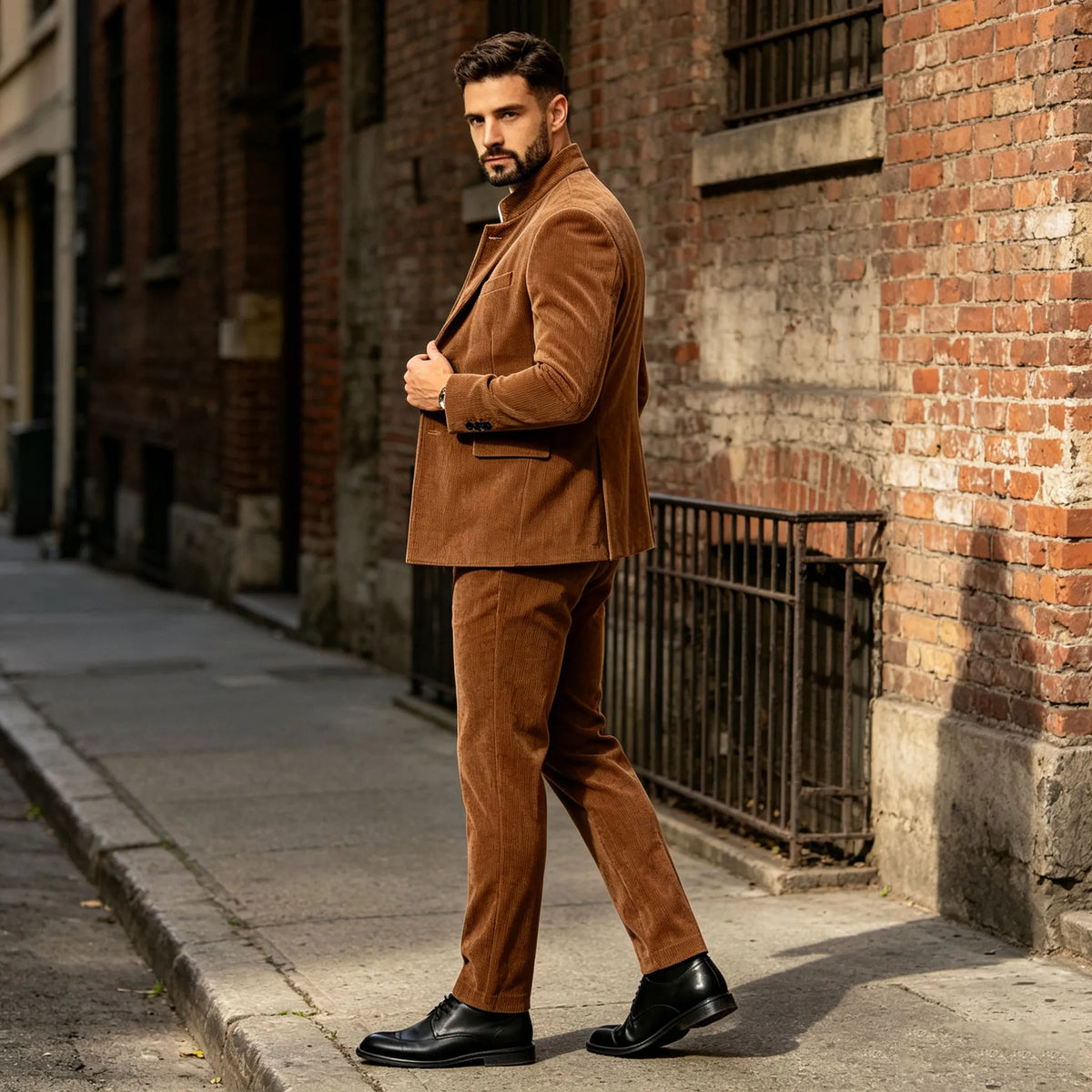 Men's Corduroy 2-Piece Suit – Mandarin Collar Single Breasted Blazer & Pants for Business & Formal Occasions