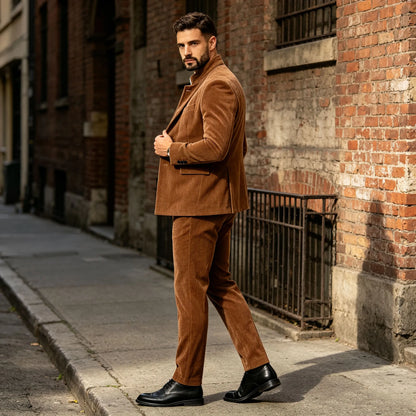 Men's Corduroy 2-Piece Suit – Mandarin Collar Single Breasted Blazer & Pants for Business & Formal Occasions