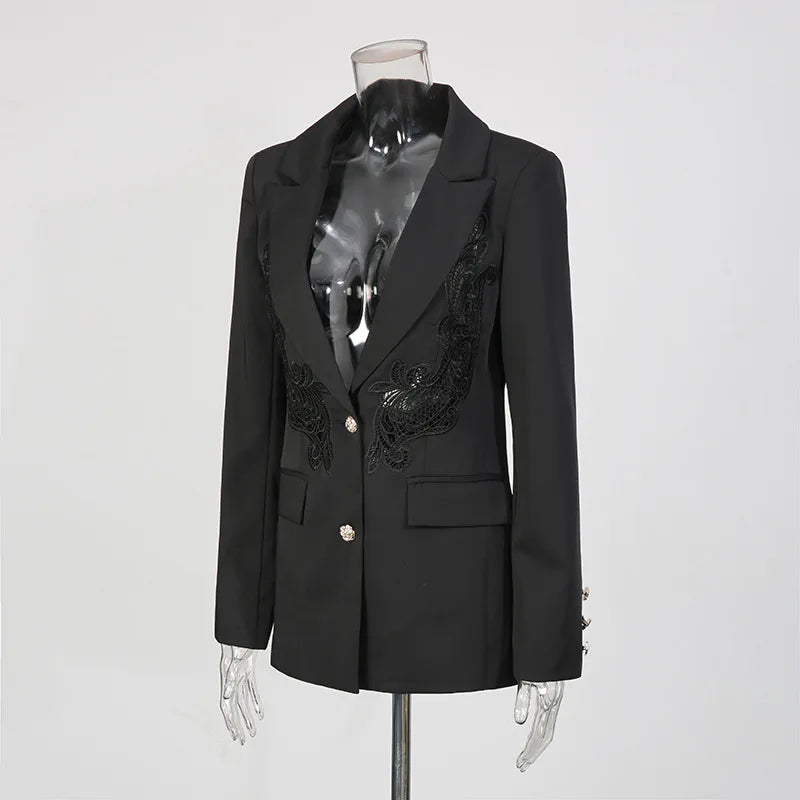 2026 Spring New Women Light Luxury Blazer High-End Lace Patchwork Hollow Out Waist Cinching Slim Fit Elegant Jacket HK18570