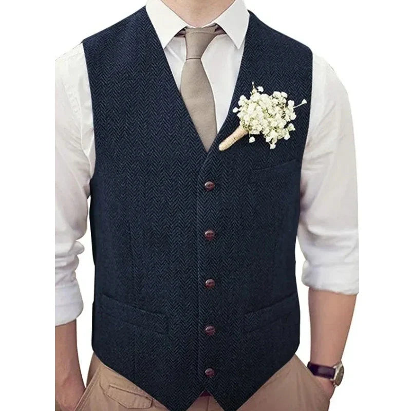 Men's Vest Herringbone V-Neck Single Button Waistcoat for Wedding, Business & Casual Wear