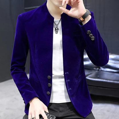 Slim Fit Velvet Yuan Collar Shirt Korean Style Fashion Trend Handsome Canary Boutique Coat New Version Small Yuan Collar Suit