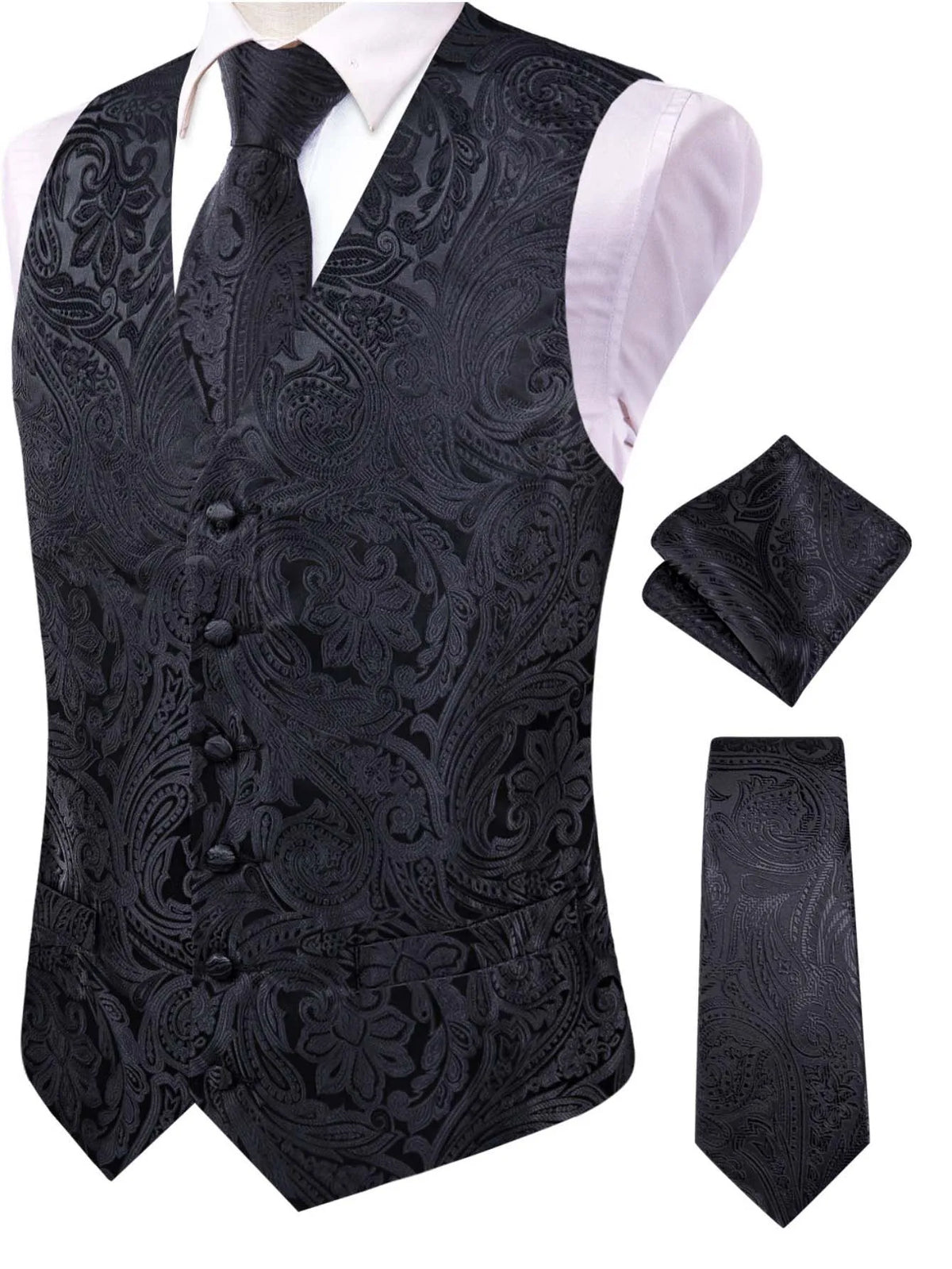 Men's Jacquard Vest 3-Piece Set – Satin Formal Waistcoat with Tie & Pocket Square for Weddings