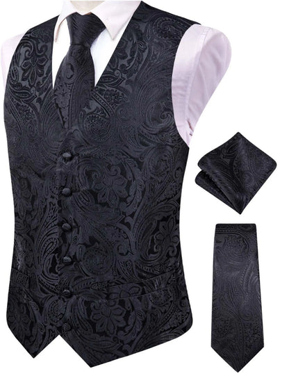 Men's Jacquard Vest 3-Piece Set – Satin Formal Waistcoat with Tie & Pocket Square for Weddings