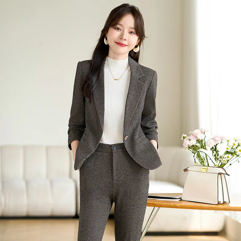 2024 Autumn Winter New Retro Plaid Woolen Blazer Coat And High Waist Flare Pant Two Piece Set Women's Suit Business Clothing