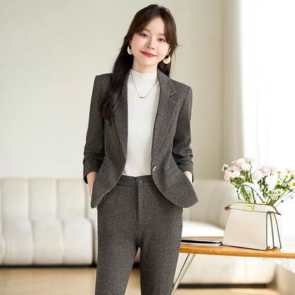2024 Autumn Winter New Retro Plaid Woolen Blazer Coat And High Waist Flare Pant Two Piece Set Women's Suit Business Clothing