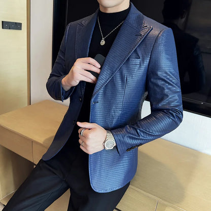 Korean Waffle Leather Suit Jacket Men's Business Casual PU Leather Blazer Slim Fit Wedding Groom Office Social Formal Coats 2026