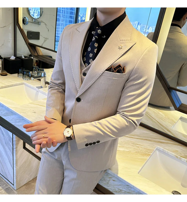 (Blazer + Vest + Trousers) 2024 New Men Formal Business Solid Suit 3 Pieces Set Italian Style Luxury Wedding Social Party Tuxedo