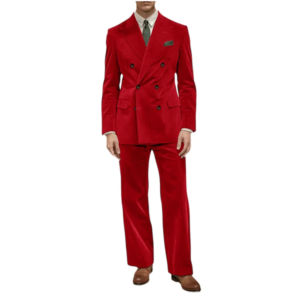 Men's Corduroy Suit 2 Piece Retro Double Breasted Peak Lapel Blazer Straight Leg Pants Formal Set Business Casual Wedding Party
