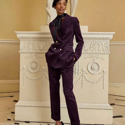 Exquisite Women's Purple Leopard Print Velvet Suit Luxury Double Breasted Evening Party Outfit Formal 2-Piece Jacket Pants Set