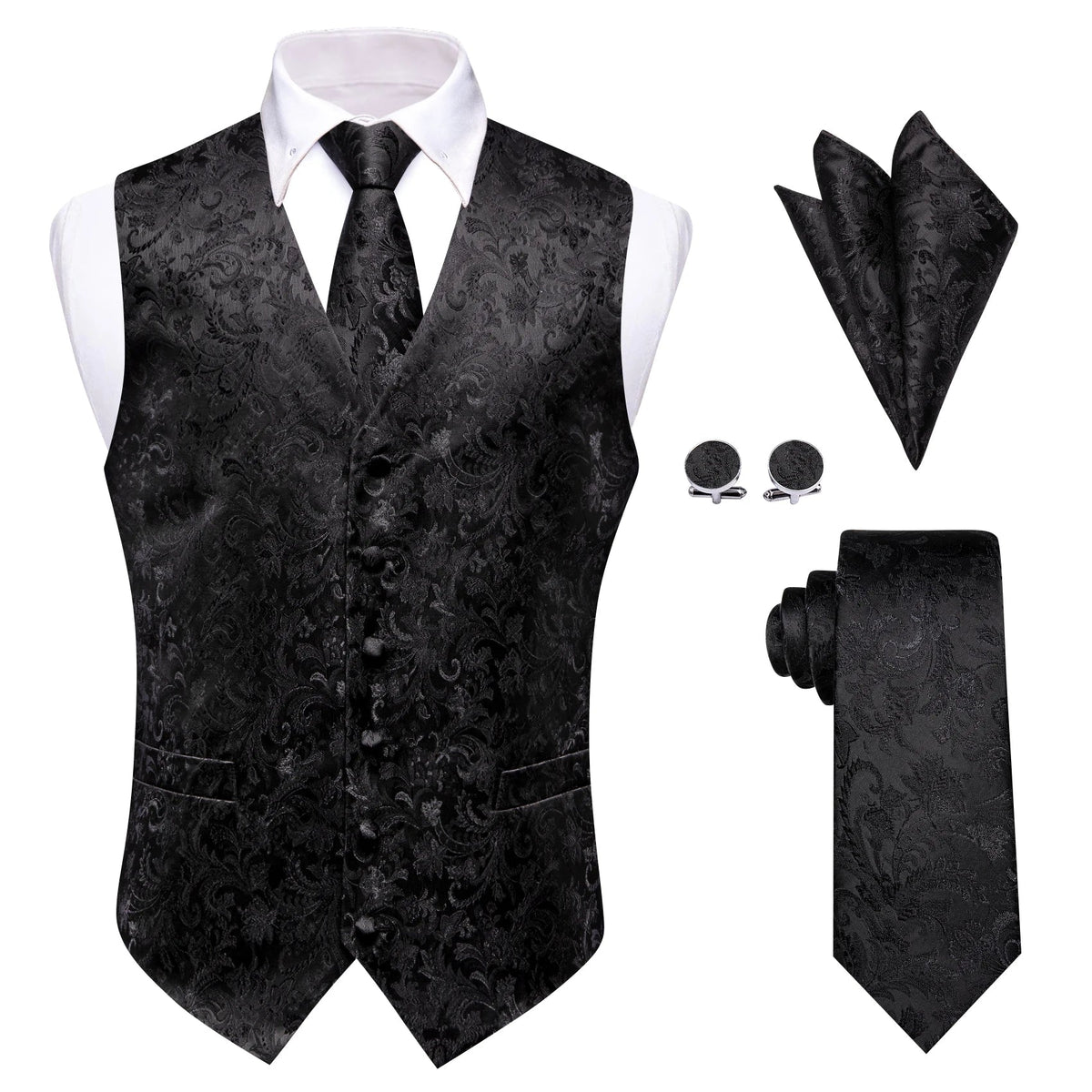 Men's Vest Suit Set Floral Paisley All Black Waistcoat with Tie Hanky Cufflinks for Wedding
