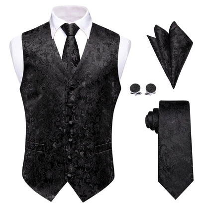 Men's Vest Suit Set Floral Paisley All Black Waistcoat with Tie Hanky Cufflinks for Wedding
