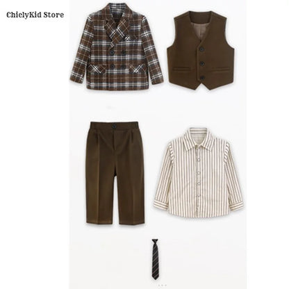 Boys British Double Breasted Blazer Jacket Pants Children Suit Waistcoat Wedding Clothes Sets Toddler Formal Dress Kids Tuxedos