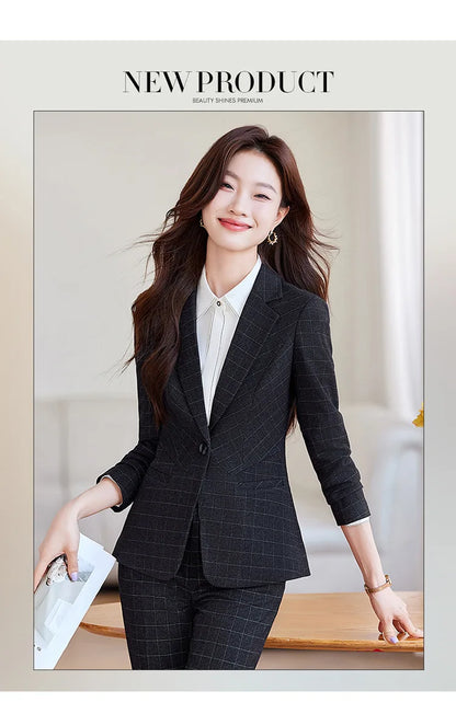 2024 Spring Autumn New Retro Plaid Elegant Blazer Coat And High Waist Pencil Pant Two Piece Set Women's Suit Business Clothing