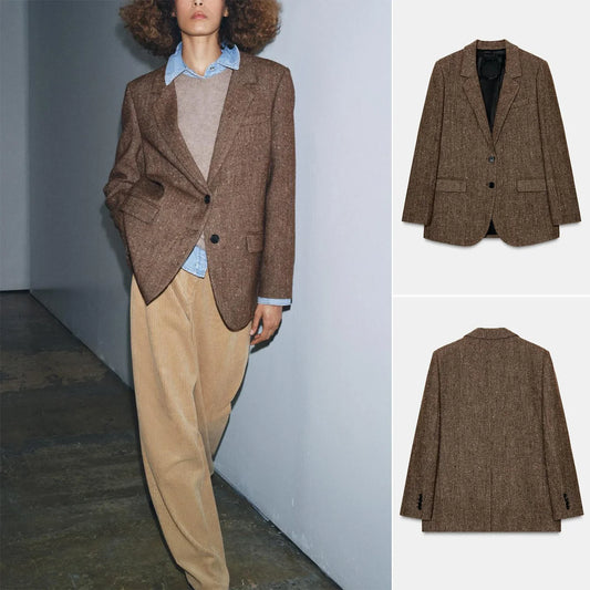 Winter New Women's Notch Collar Long Sve Single Button Houtooth Patterned  Loose Fit Commute Sle Polyester Fiber