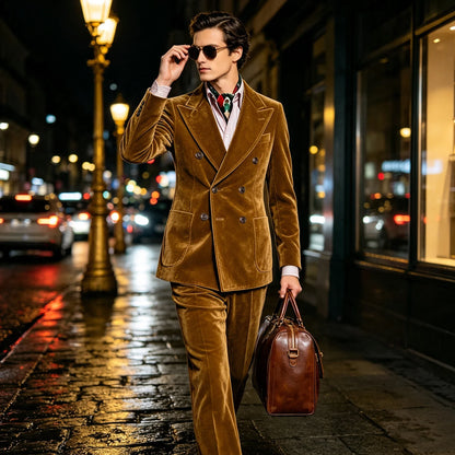 Men's Velvet Suit 2 Piece Double Breasted Peak Lapel Blazer & Straight Leg Pants for Formal & Wedding