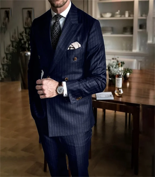 Ensemble costume homme 2 pièces chic rayé bleu marine de haute qualité, costume formel croisé à revers pointus, coupe slim, smoking décontracté élégant