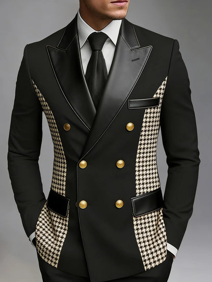 Men Double Breasted Blazer Black Satin Lapel Houndstooth Splicing Gold Buttons Slim Fit Wedding Stage Groom Formal Tuxedo Jacket