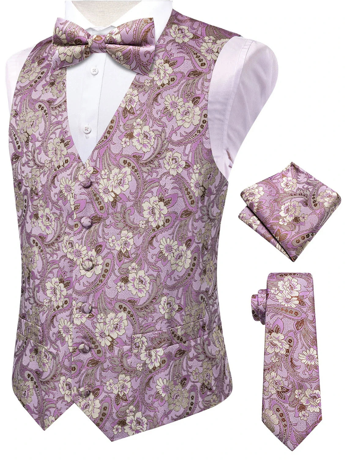 Men's Luxury Pink Jacquard Floral Vest Set – Formal Wedding & Prom Waistcoat with Tie, Bowtie & Pocket Square